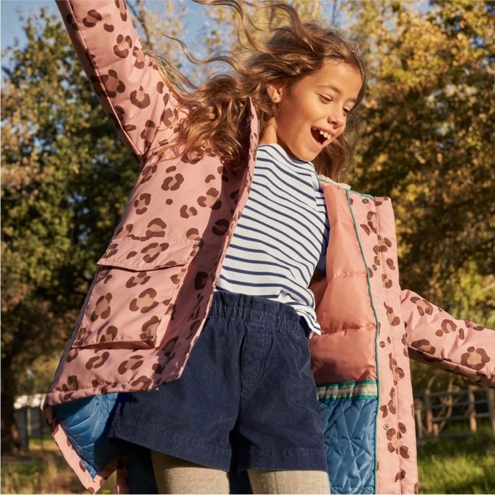 Mini Boden Pink Animal Print Waterproof Parka Size 5-6y